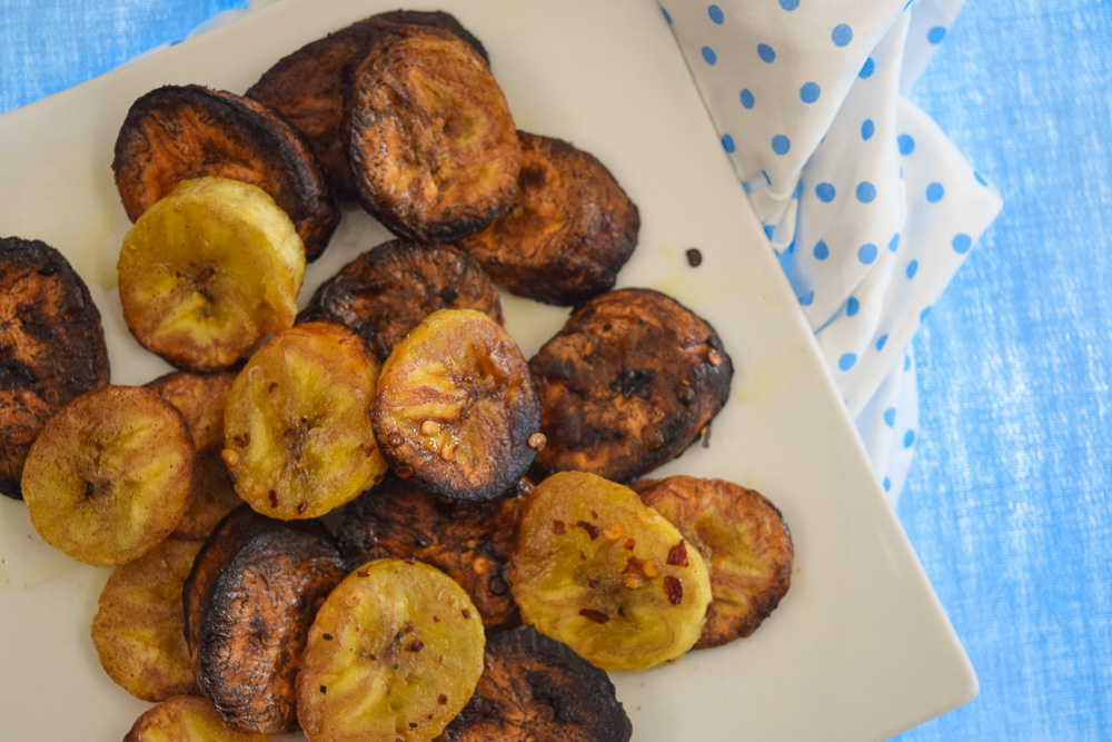 Ghanaian kelewele grilled discs of plantain with chiili flakes and cinnamon